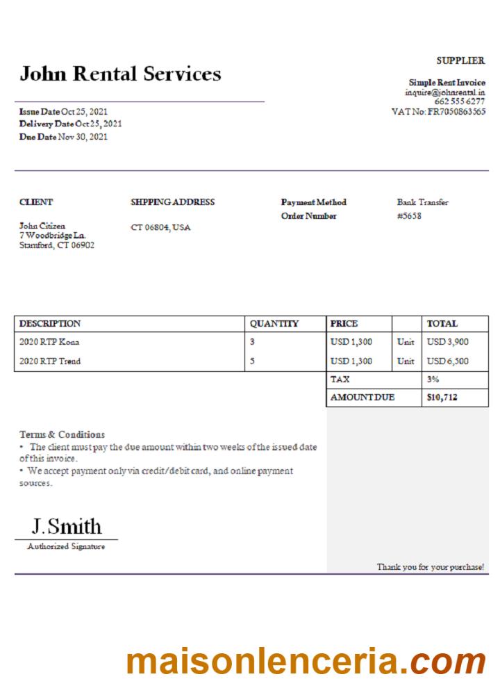 USA John wynajem usługi faktura słowo i PDF szablon